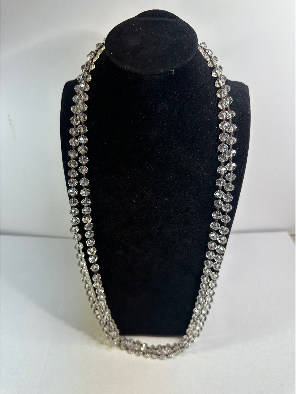 VTG 60” Flapper Necklace Faceted Clear Glass Crystal Knotted Beads Art Deco